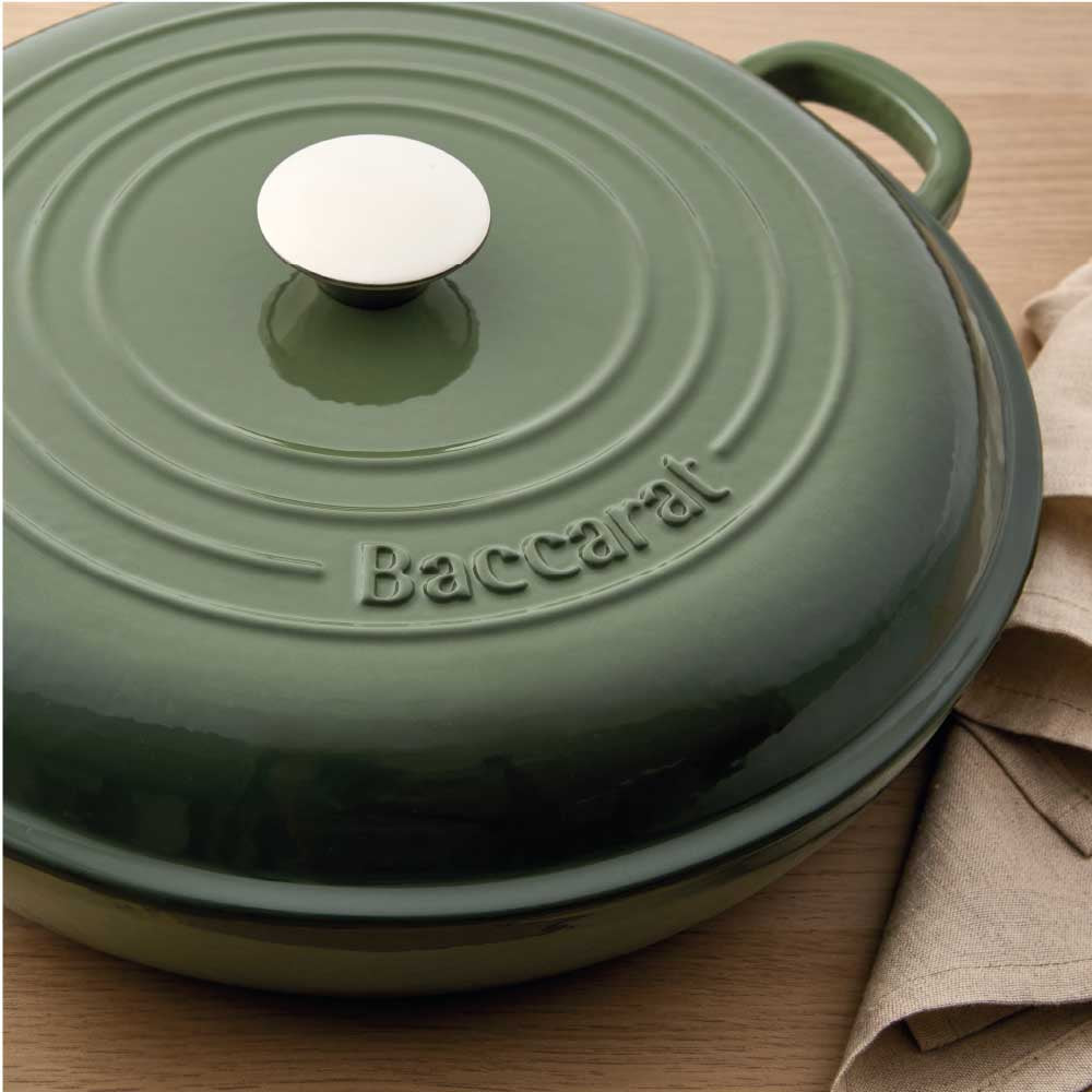 Baccarat Le Connoisseur Cast Iron Round French Saute Pan 31cm Sage Green at MyHouse