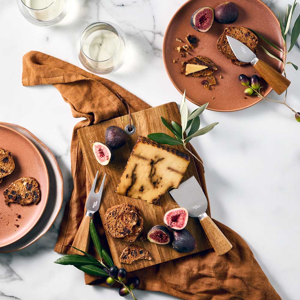 Acacia Serving Board with 3 Cheese Knives and charcuterie - MyHouse