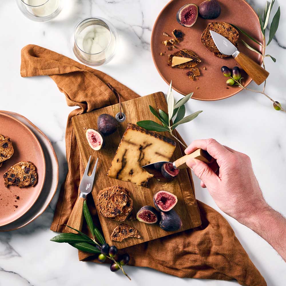 Acacia Serving Board with 3 Cheese Knives and charcuterie - MyHouse