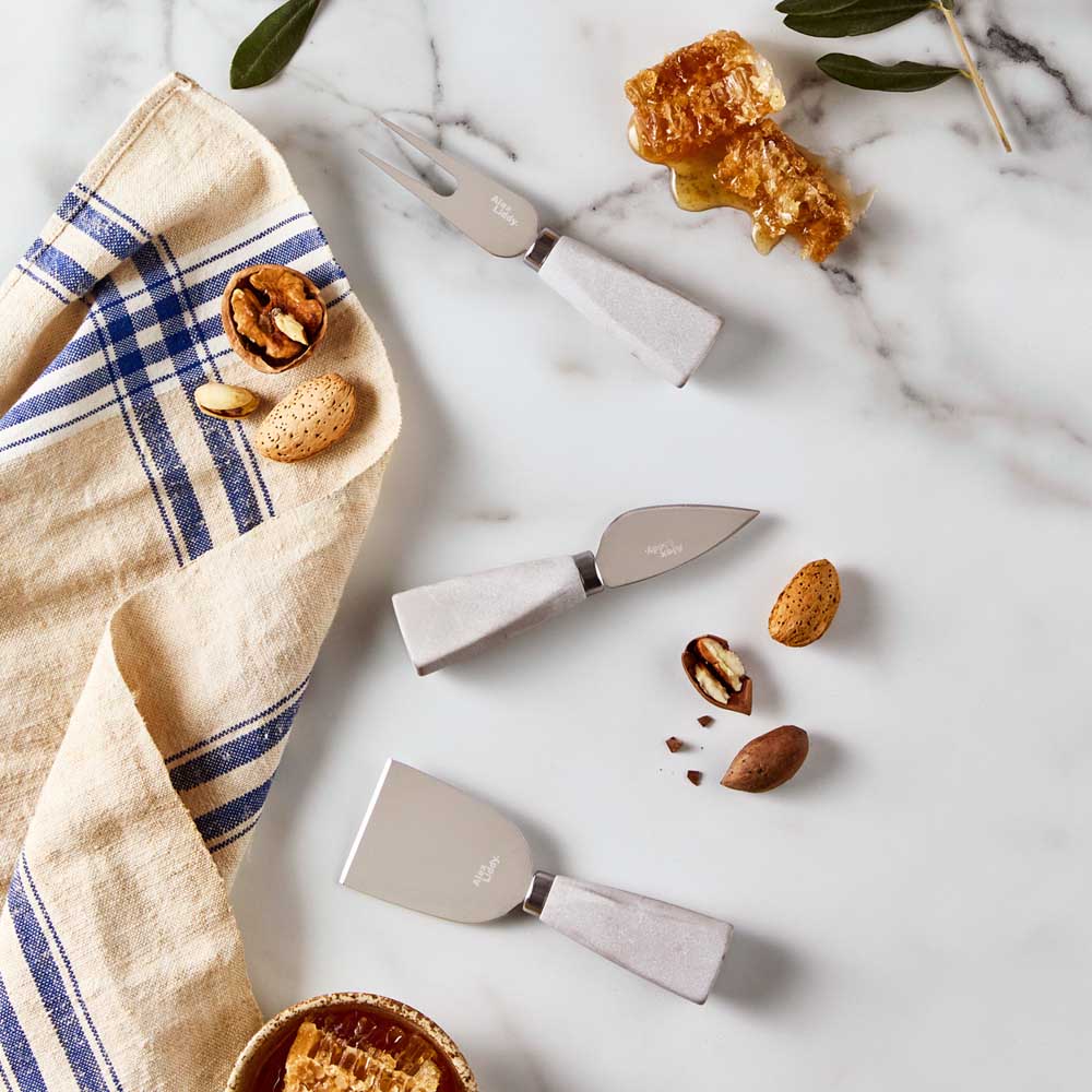 Set of 3 Marble and silver Cheese Knives on marble - MyHouse