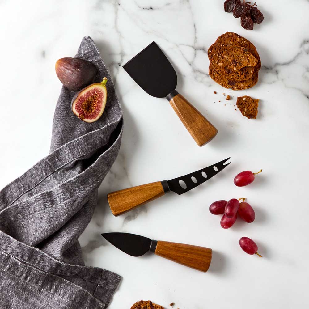 Set of 3 Acacia and Black Cheese Knives - MyHouse