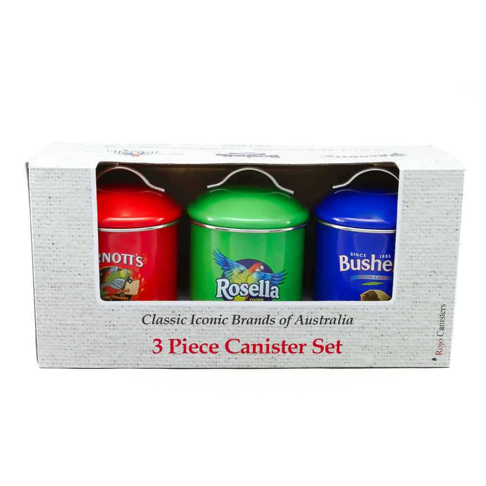 Rojo Arnotts, Bushells & Rosella Canisters Set Of 3 Powder Coated With Sealed Rim