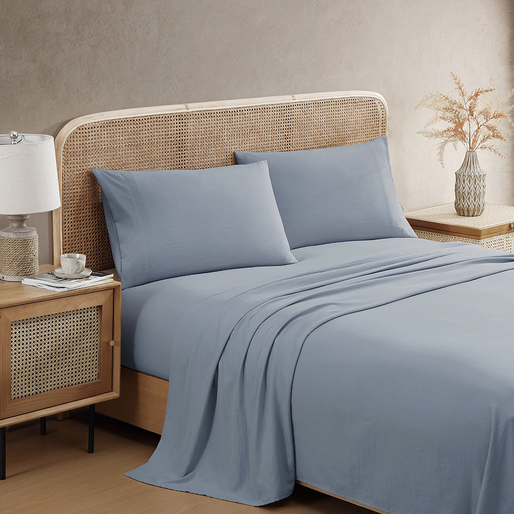 Ardor Boudoir Vintage Washed grayish blue sheet set with matching pillowcases neatly folded together