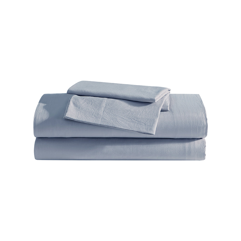 Ardor Boudoir Vintage Washed grayish blue sheet set folded and stacked with matching pillowcases