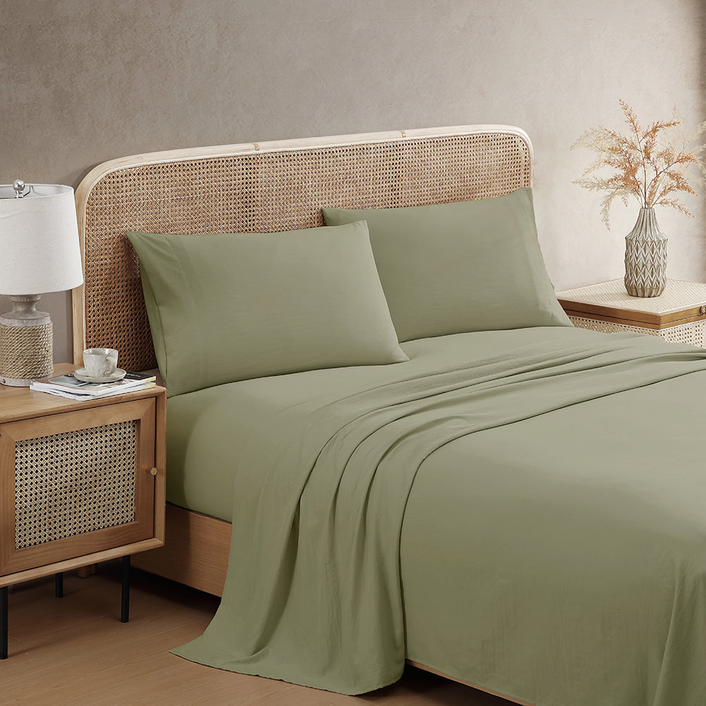 Ardor Boudoir Vintage Washed sage green sheet set with matching pillowcases neatly folded together