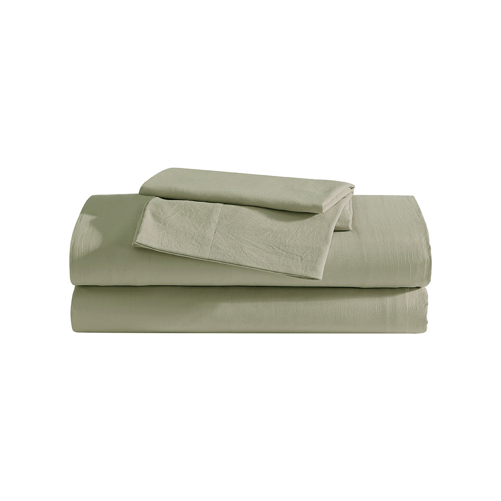 Ardor Boudoir Vintage Washed sage green sheet set folded and stacked with matching pillowcases
