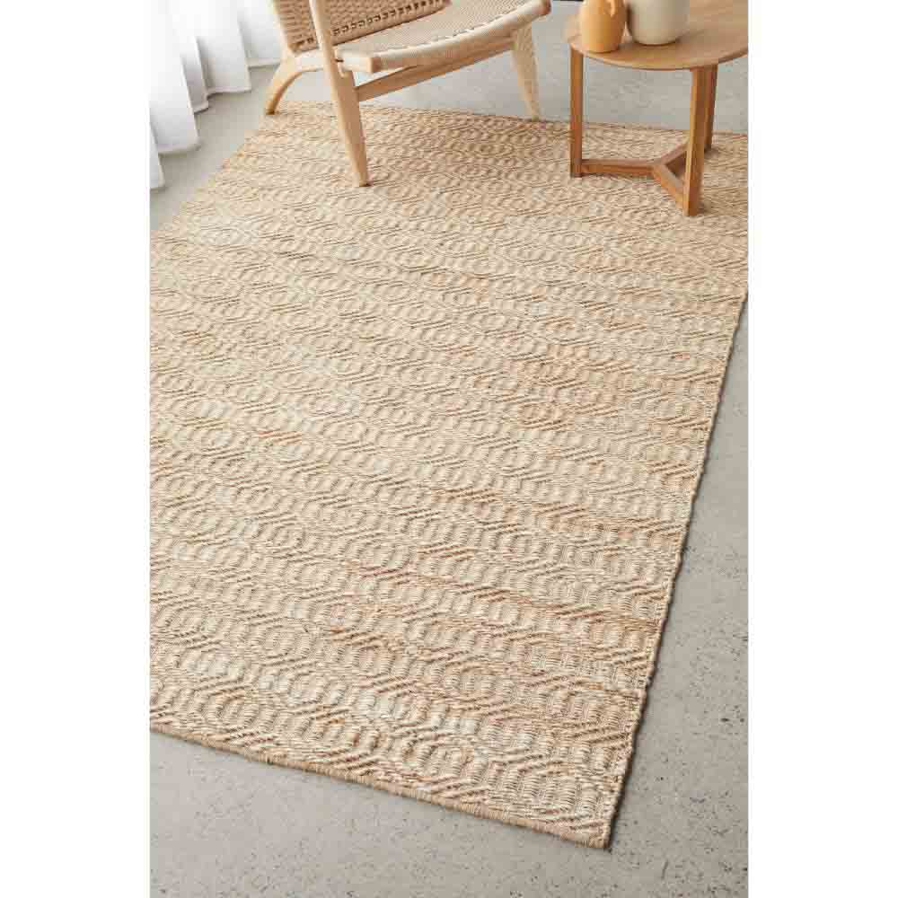 warm beige honeycomb patterned jute rug with armchair - MyHouse