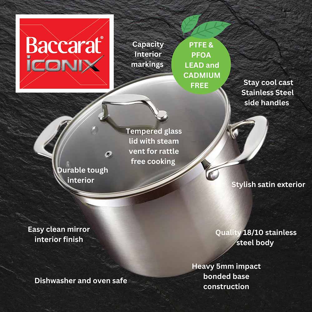 Baccarat iconiX Stainless Steel Stockpot with Lid 7.2L/24cm features and benefits infographic with MyHouse